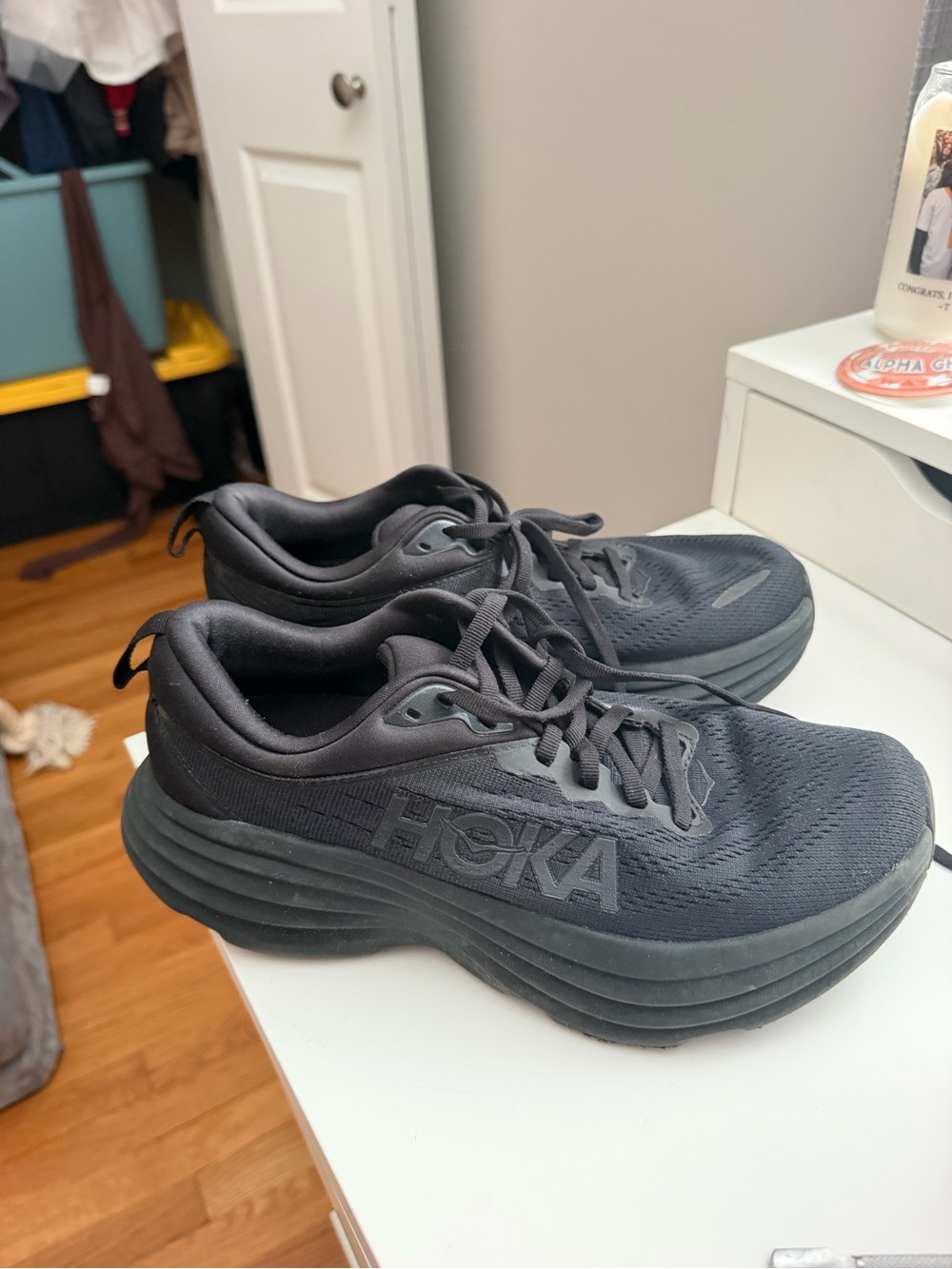 HOKA Bondi 8, women’s, all-black (BBLC = Black/Black colorway), size 8.5B